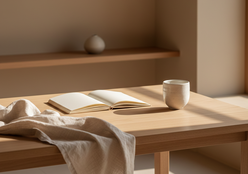 Quiet wellness ritual with tea and natural textures reflecting balance, recovery, and sustainable self-care