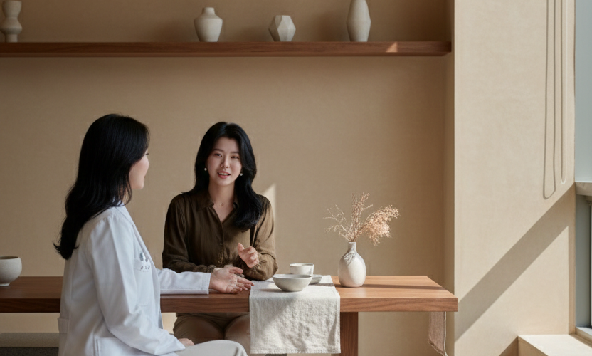Doctor and patient having a calm consultation in a modern Korean aesthetic clinic, focusing on understanding concerns before treatment