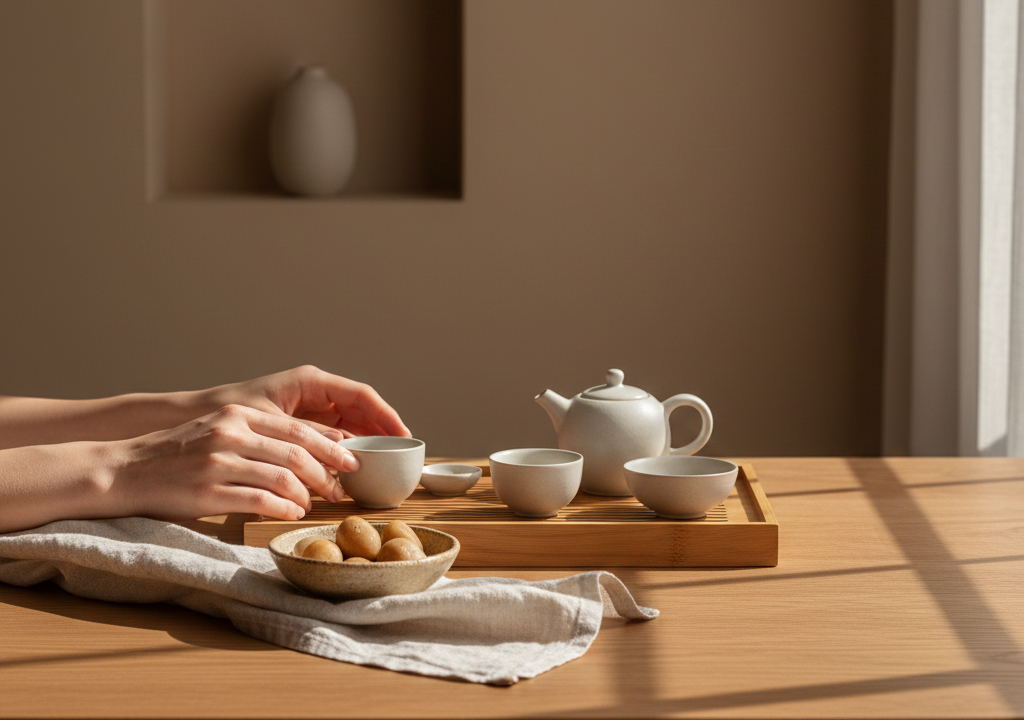 Quiet wellness ritual with tea and natural textures reflecting balance, recovery, and sustainable self-care